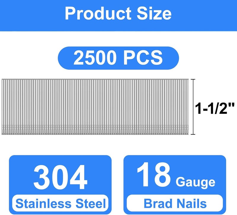 SimCos 18 Gauge 304 Stainless Steel Brad Nails 18 GA Nail Gun Nails Assorted and Small Finishing Nails for Pneumatic, Electric Brad Nailer (1-1/2 Inch) - Image 2